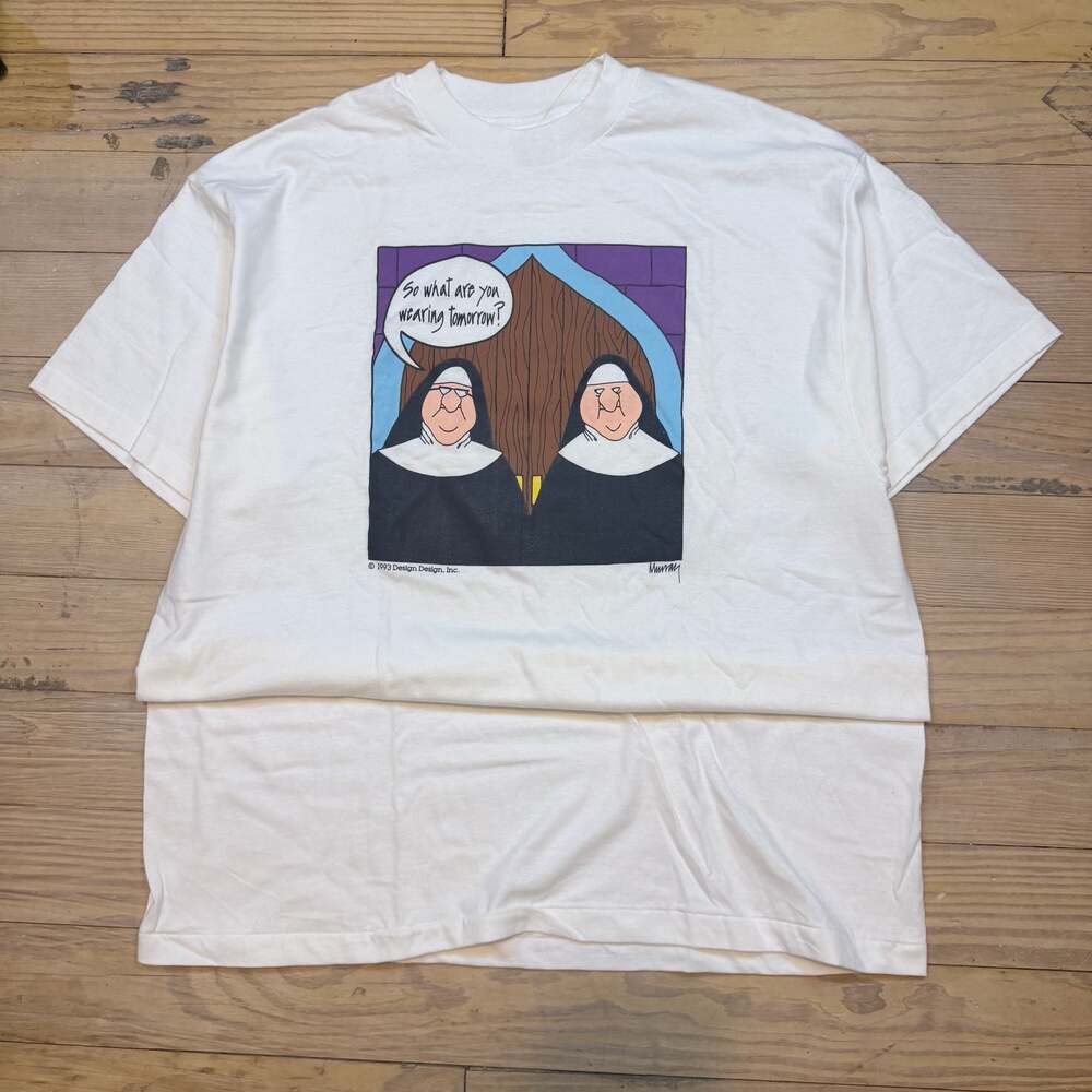 Vintage 1993 Nun Cartoon Funny Graphic T-Shirt White Large